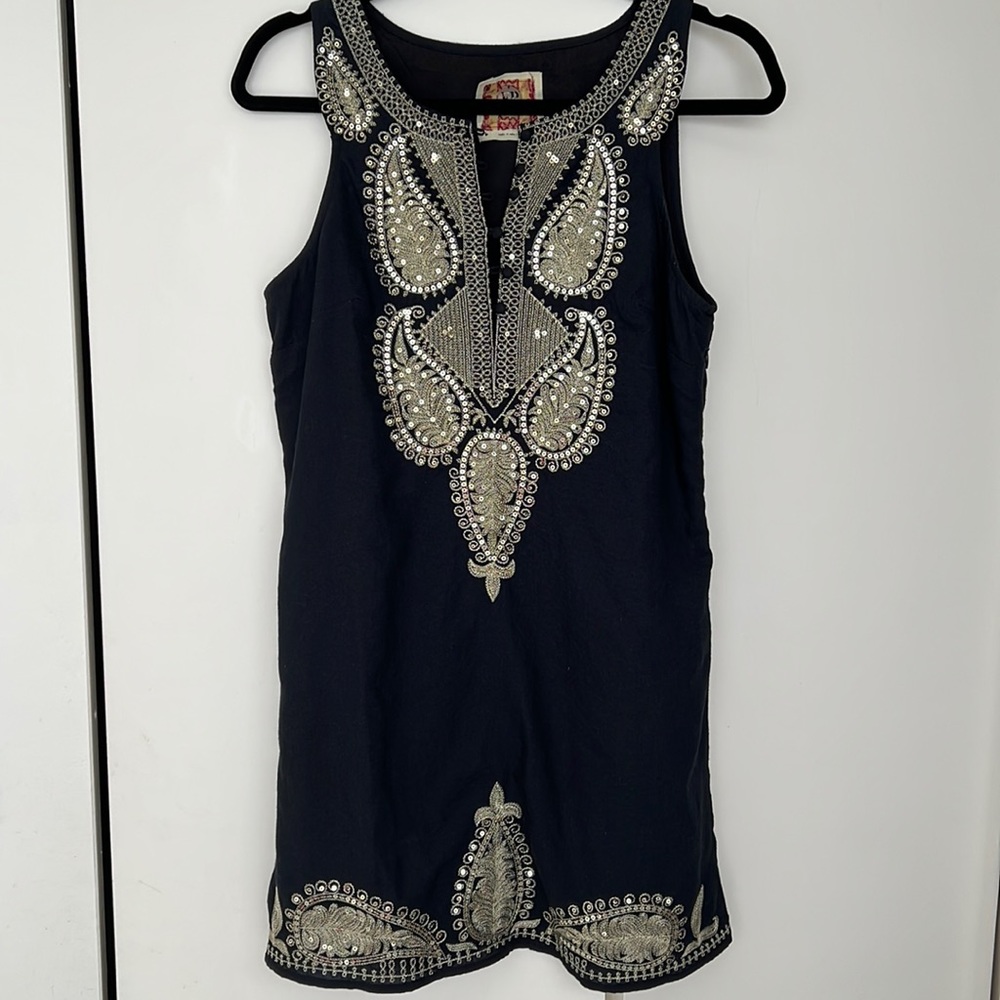 Free People Black Tunic Mini Dress Metallic Gold Sequins 6